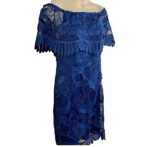 Celavie Special Occasion Lace Midi Dress SZ M Blue Crocheted Floral Boho Elegant